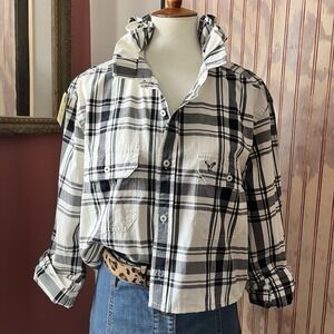 Upcycled Re-worked American Eagle Black White Check Ruffle Collar Crop Shirt XL